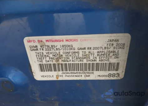 2009 Mitsubishi Lancer Gts z USA, uszkodzony, nr VIN JA3AU86W59U005606